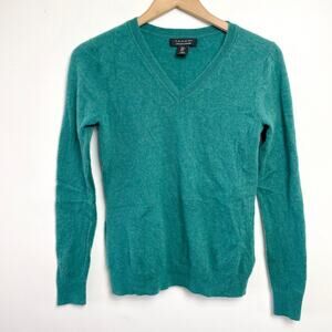 Tahari Cashmere V-Neck Sweater Medium Teal Green Old Money Quiet Luxury Parisian